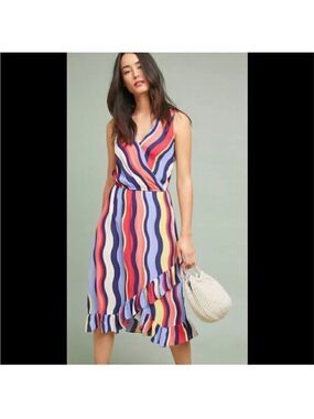 Plenty by Tracey Reese Daphne Wavy Striped Faux Wrap Ruffle Midi Dress